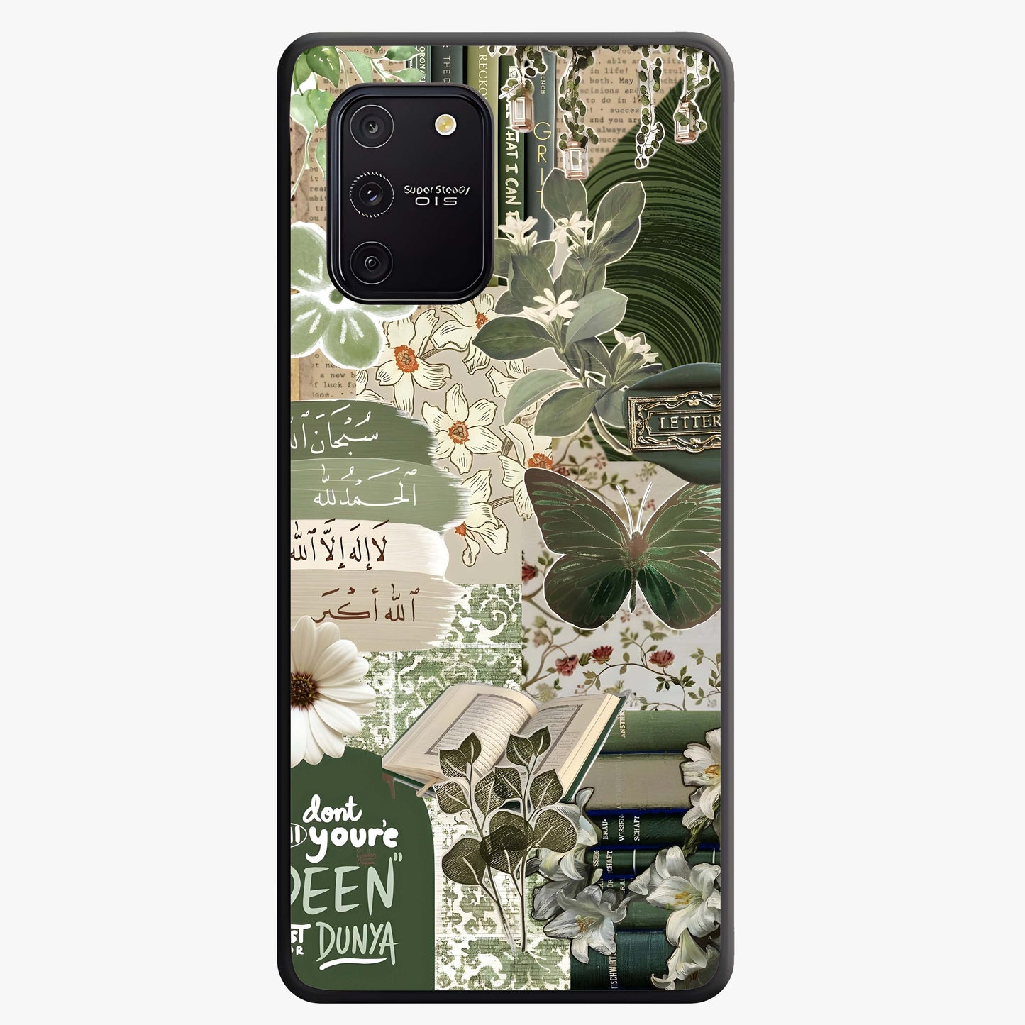 Green Islamic Books Quotes Glass Case showing flat back view with Islamic quotes and book themed artwork and glossy glass finish.