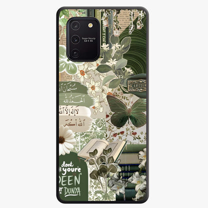 Green Islamic Books Quotes Glass Case showing flat back view with Islamic quotes and book themed artwork and glossy glass finish.
