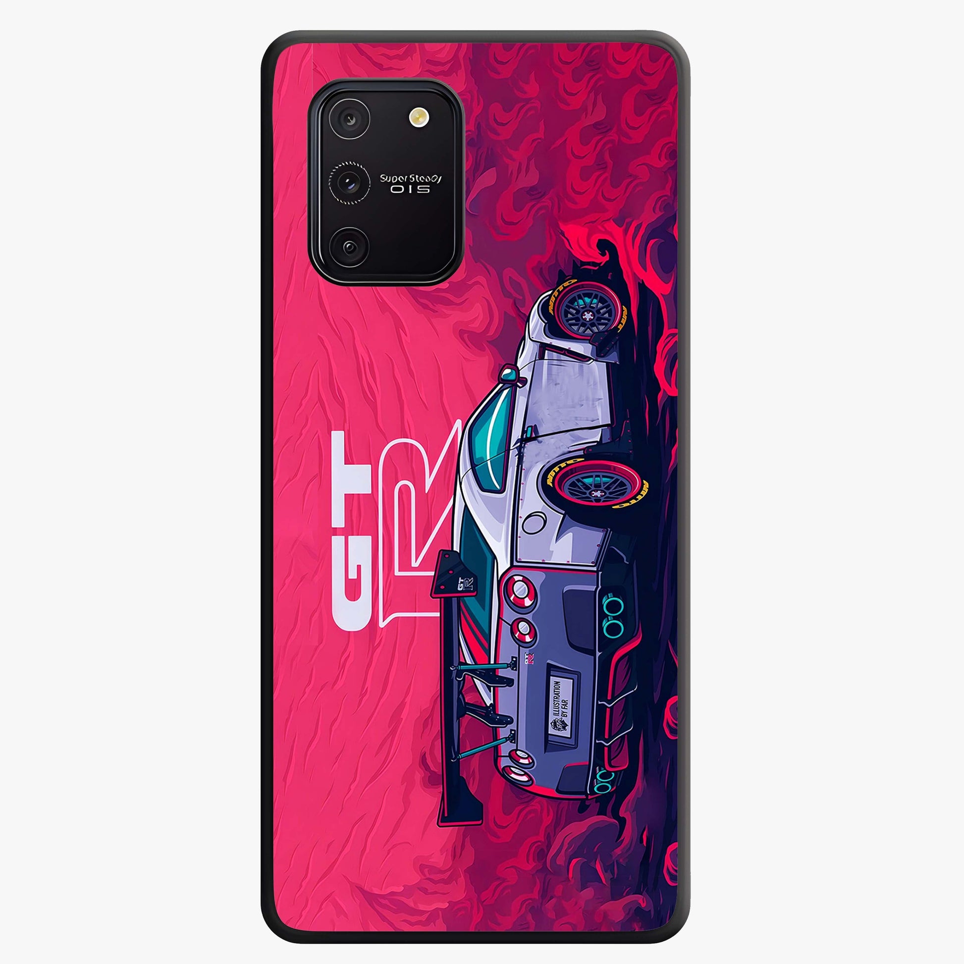 GT-R Car Pattern Glass Case showing flat back view with sporty car inspired pattern artwork and glossy glass finish.