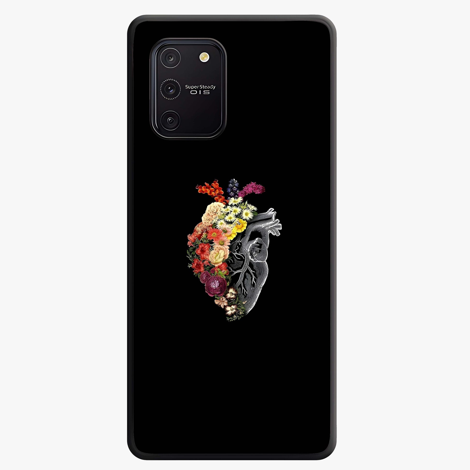 Heart With Flowers Glass Case showing flat back view with heart shaped floral artwork and glossy glass finish.