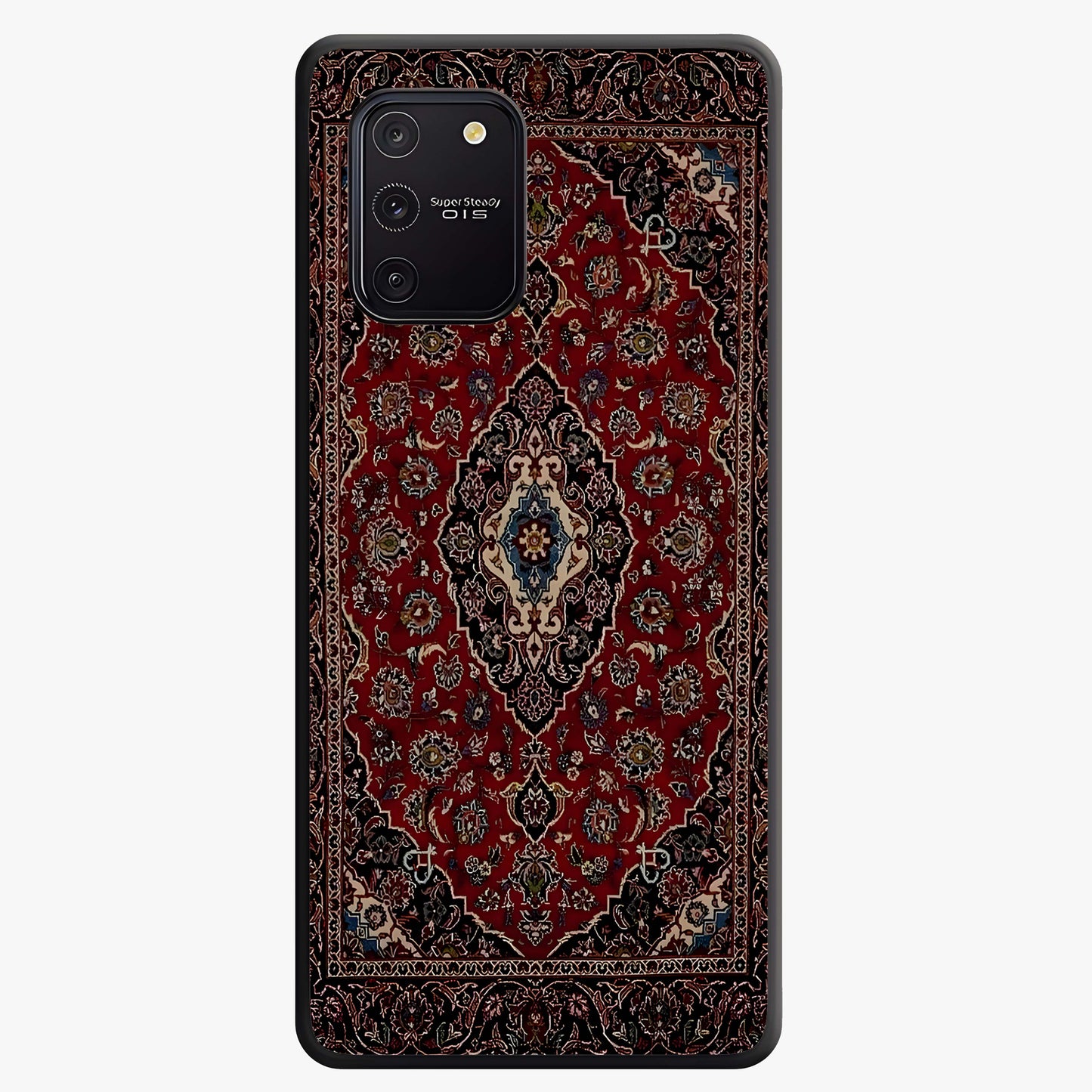 Heritage Carpet Royale Glass Case showing flat back view with ornate Persian carpet inspired pattern and glossy glass finish.