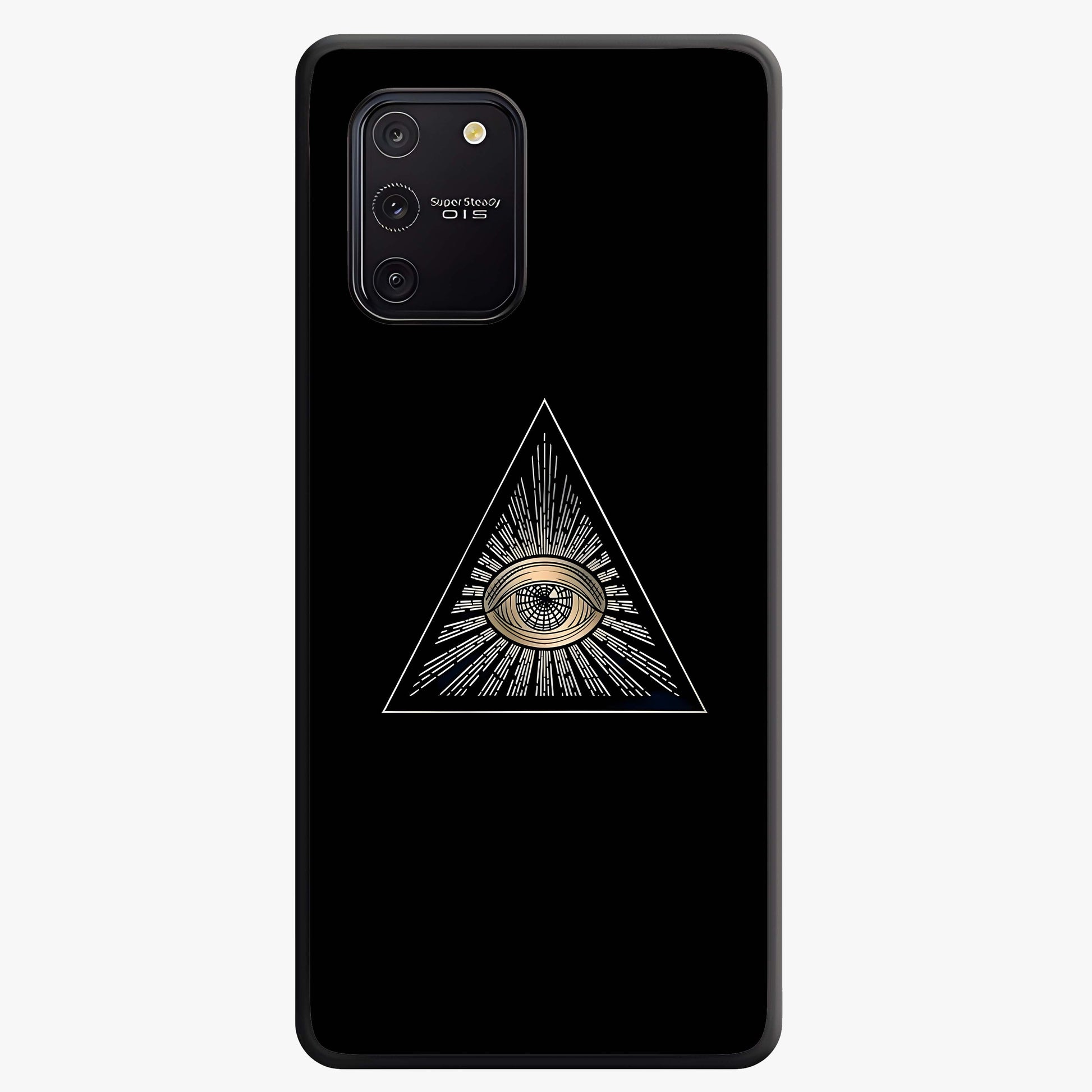 Illuminati Evil Glass Case showing flat back view with mysterious illuminati symbol artwork and glossy glass finish.