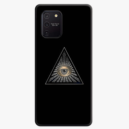 Illuminati Evil Glass Case showing flat back view with mysterious illuminati symbol artwork and glossy glass finish.
