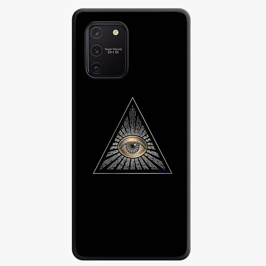 Illuminati Evil Glass Case showing flat back view with mysterious illuminati symbol artwork and glossy glass finish.