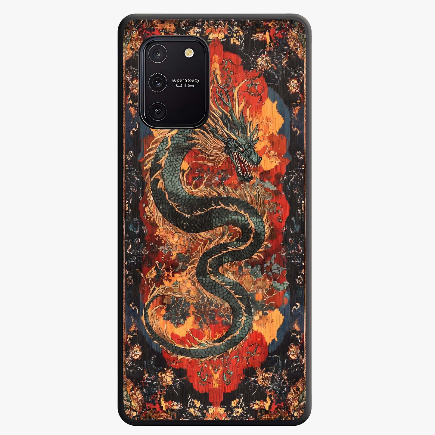 Inferno Dragon Soul Glass Case showing flat back view with fiery dragon artwork and glossy glass finish.
