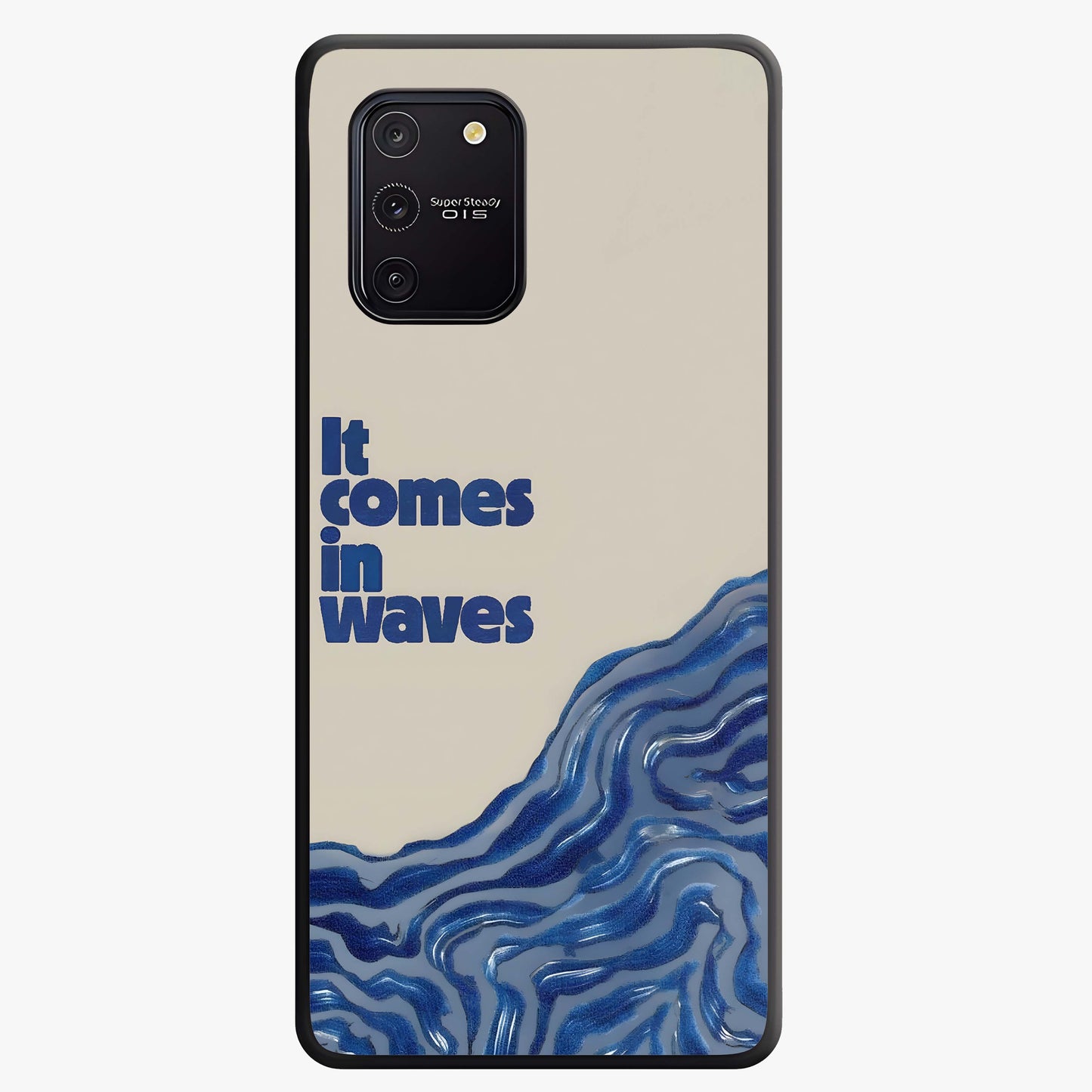 It Comes In Waves Quote Glass Case showing flat back view with inspirational wave themed quote artwork and glossy glass finish.