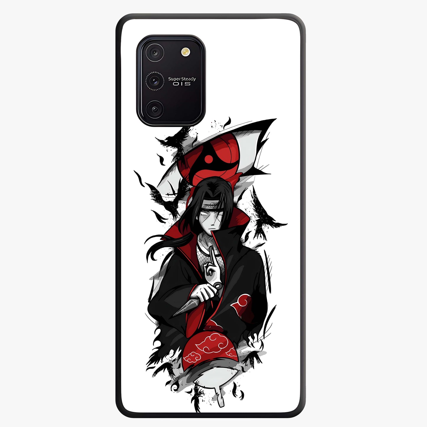 Itachi Sharingan Glass Case showing flat back view with powerful anime eye artwork and glossy glass finish.
