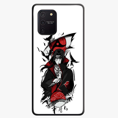 Itachi Sharingan Glass Case showing flat back view with powerful anime eye artwork and glossy glass finish.