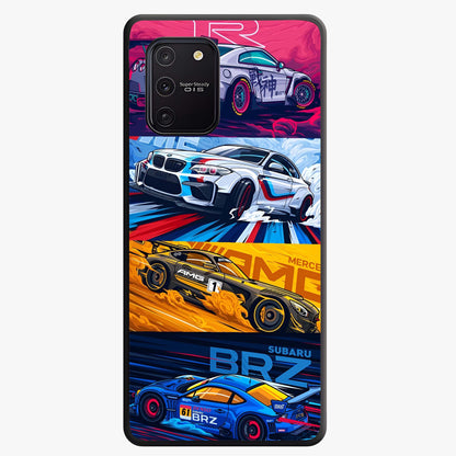 JDM Sports Car Glass Case showing flat back view with high performance sports car artwork and glossy glass finish.