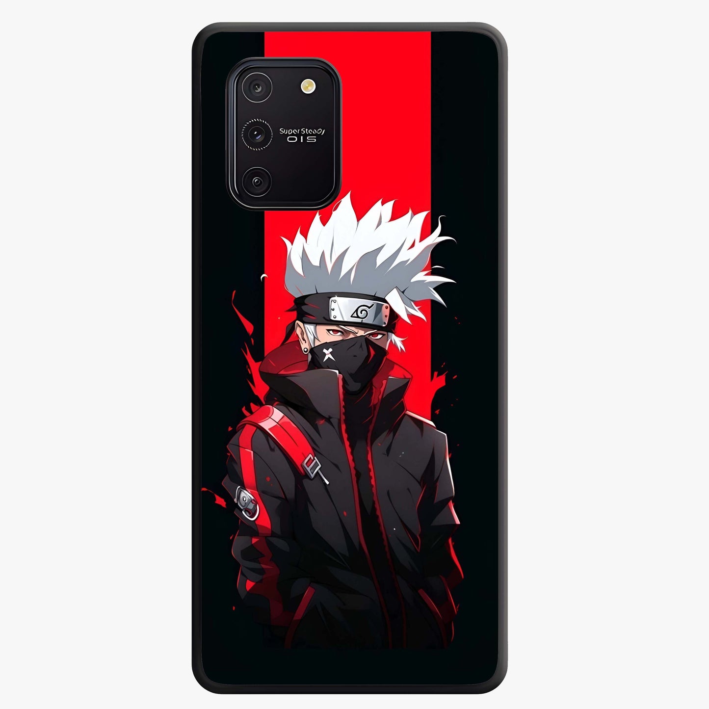 Kakashi Scarlet Shadow Glass Case showing flat back view with powerful anime ninja artwork and glossy glass finish.