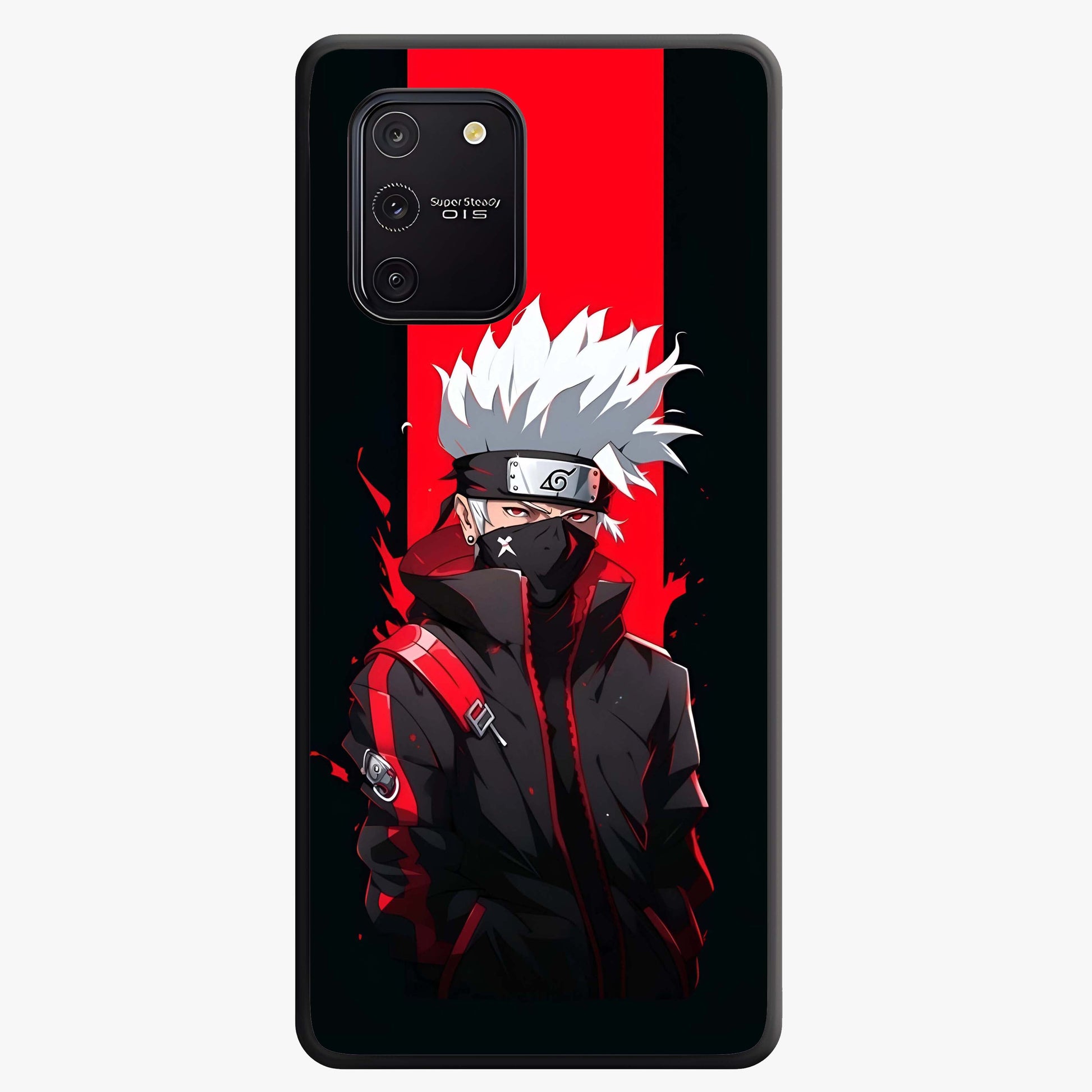 Kakashi Scarlet Shadow Glass Case showing flat back view with powerful anime ninja artwork and glossy glass finish.