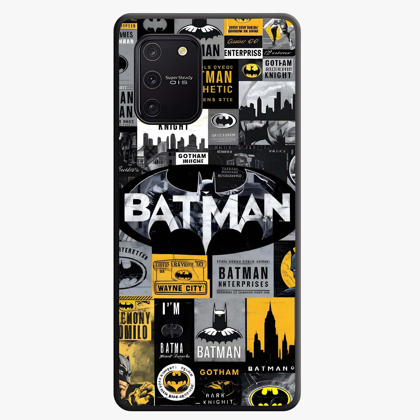 Knight Gotham Rise Glass Case showing flat back view with dark hero inspired artwork and glossy glass finish.
