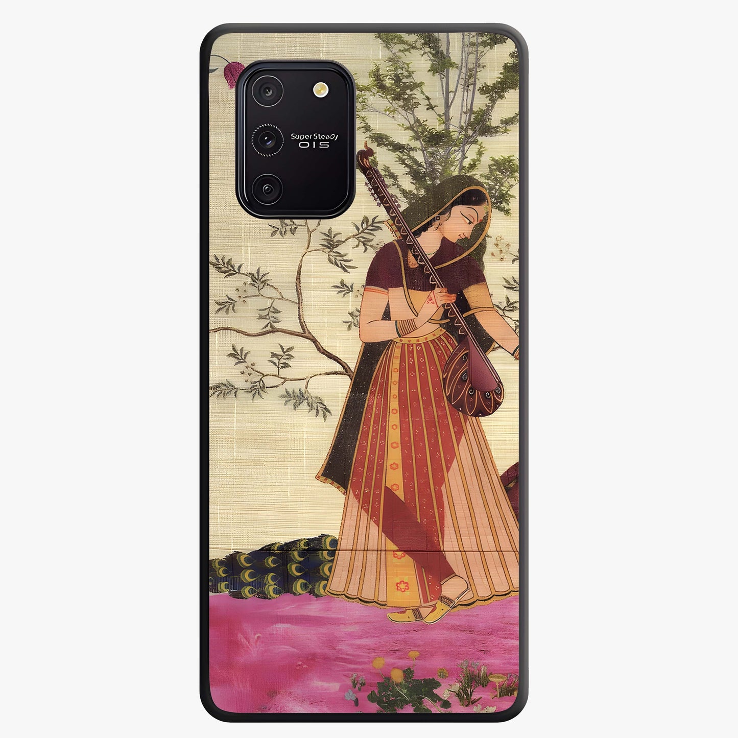 Lady With Veena Art Glass Case showing flat back view with elegant woman playing veena artwork and glossy glass finish.
