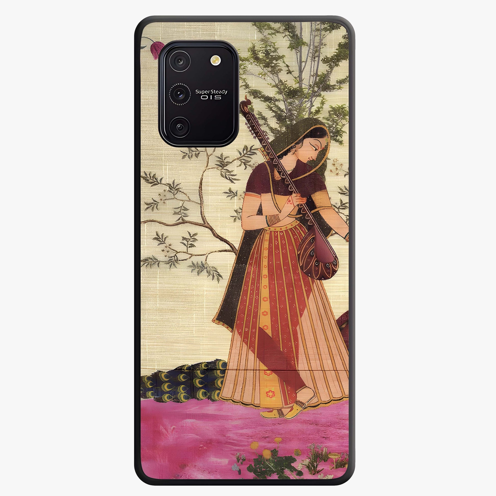 Lady With Veena Art Glass Case showing flat back view with elegant woman playing veena artwork and glossy glass finish.
