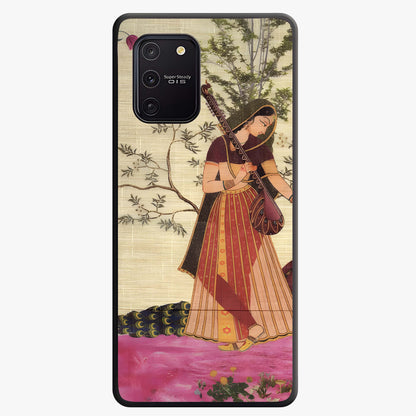 Lady With Veena Art Glass Case showing flat back view with elegant woman playing veena artwork and glossy glass finish.