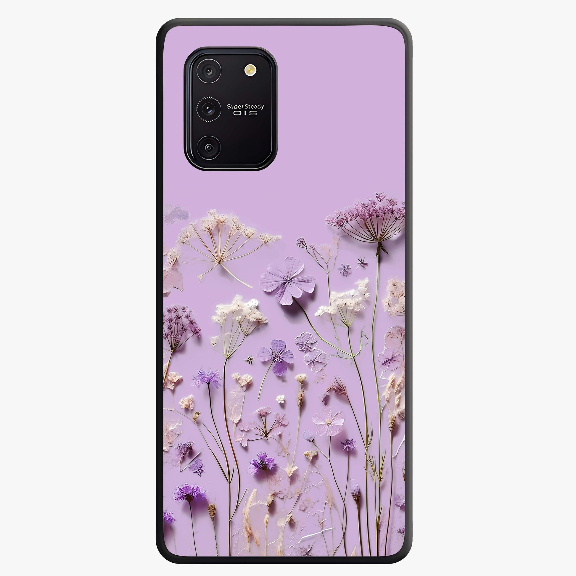 Lavender Blossom Dream Glass Case showing flat back view with soft lavender floral artwork and glossy glass finish.