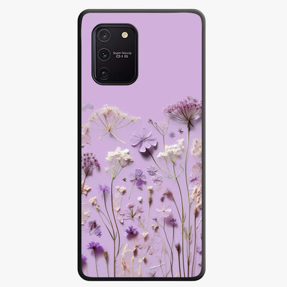 Lavender Blossom Dream Glass Case showing flat back view with soft lavender floral artwork and glossy glass finish.
