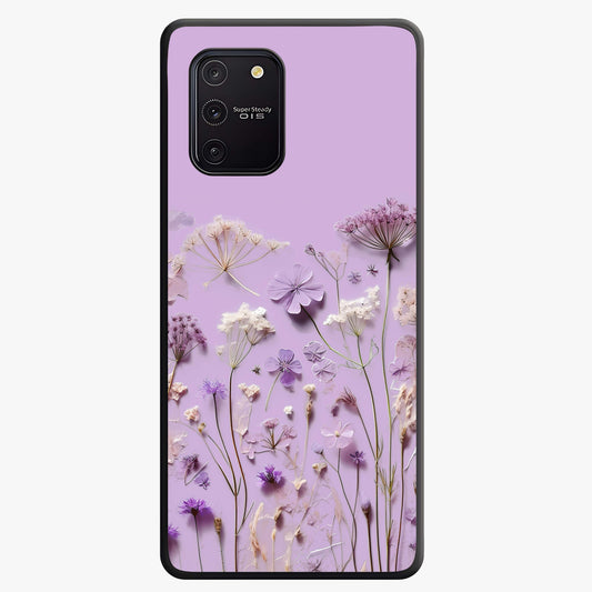 Lavender Blossom Dream Glass Case showing flat back view with soft lavender floral artwork and glossy glass finish.