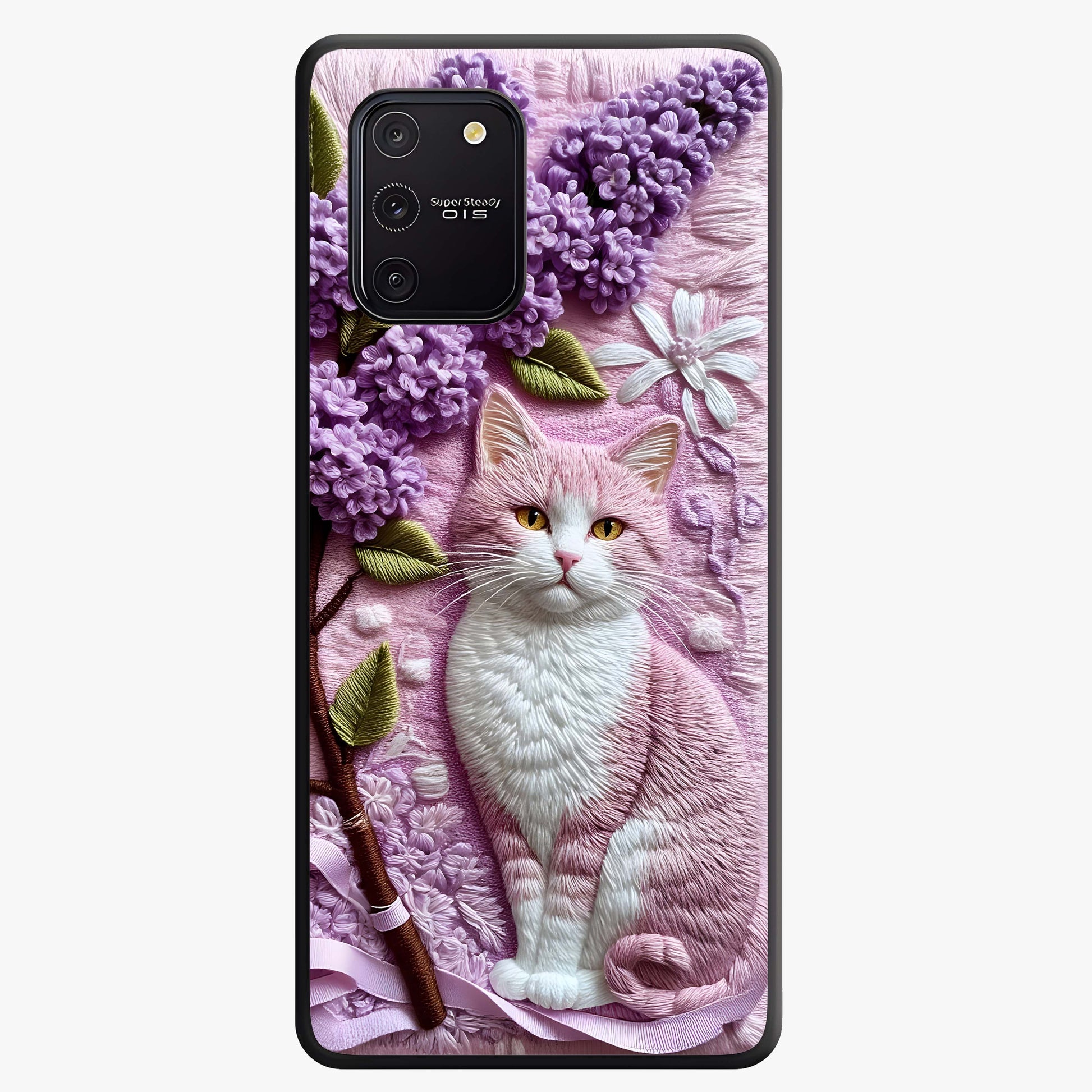 Lavender Cat Whimsy Glass Case showing flat back view with cute lavender cat artwork and glossy glass finish.