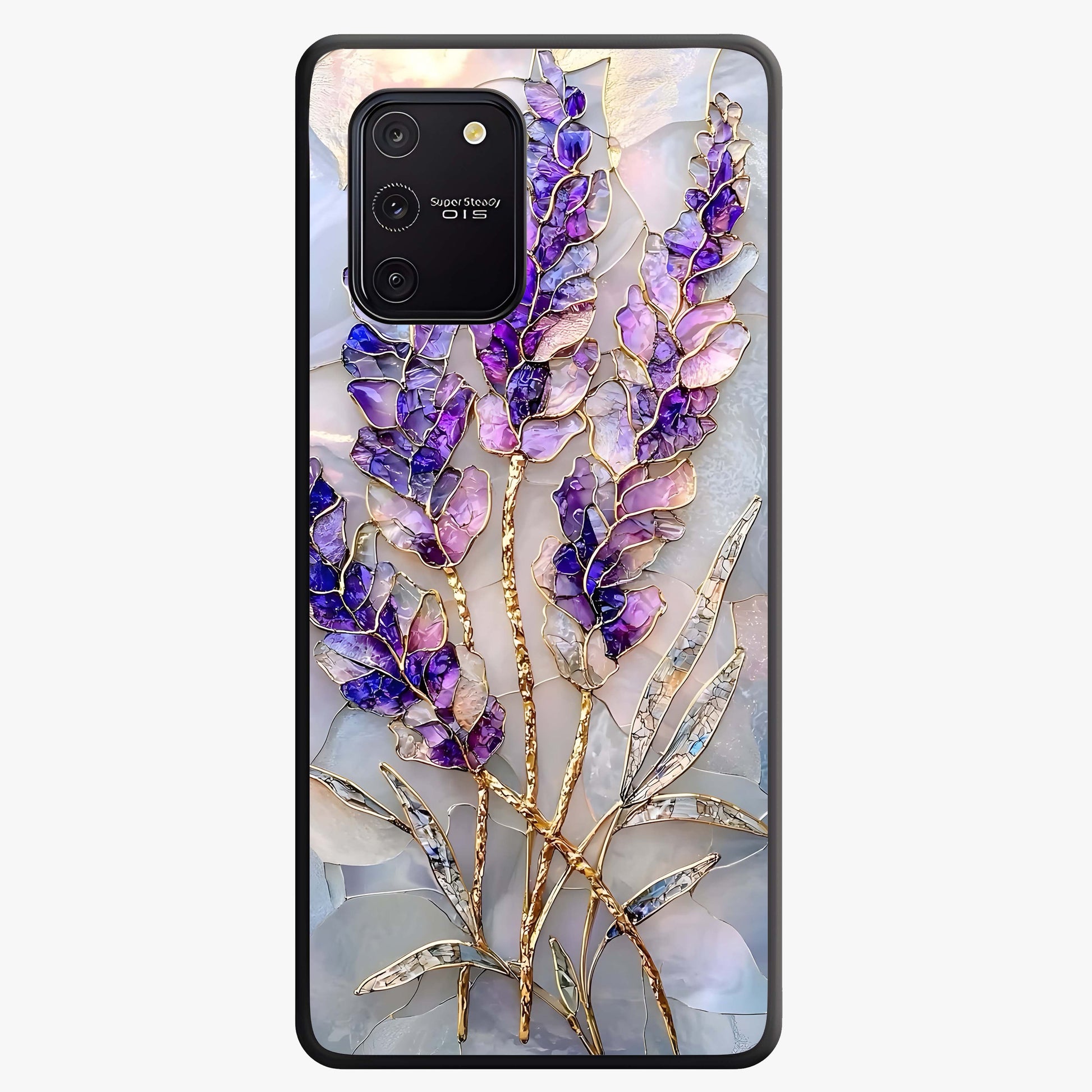 Lavender Dream Glow Glass Case showing flat back view with glowing lavender aesthetic artwork and glossy glass finish.