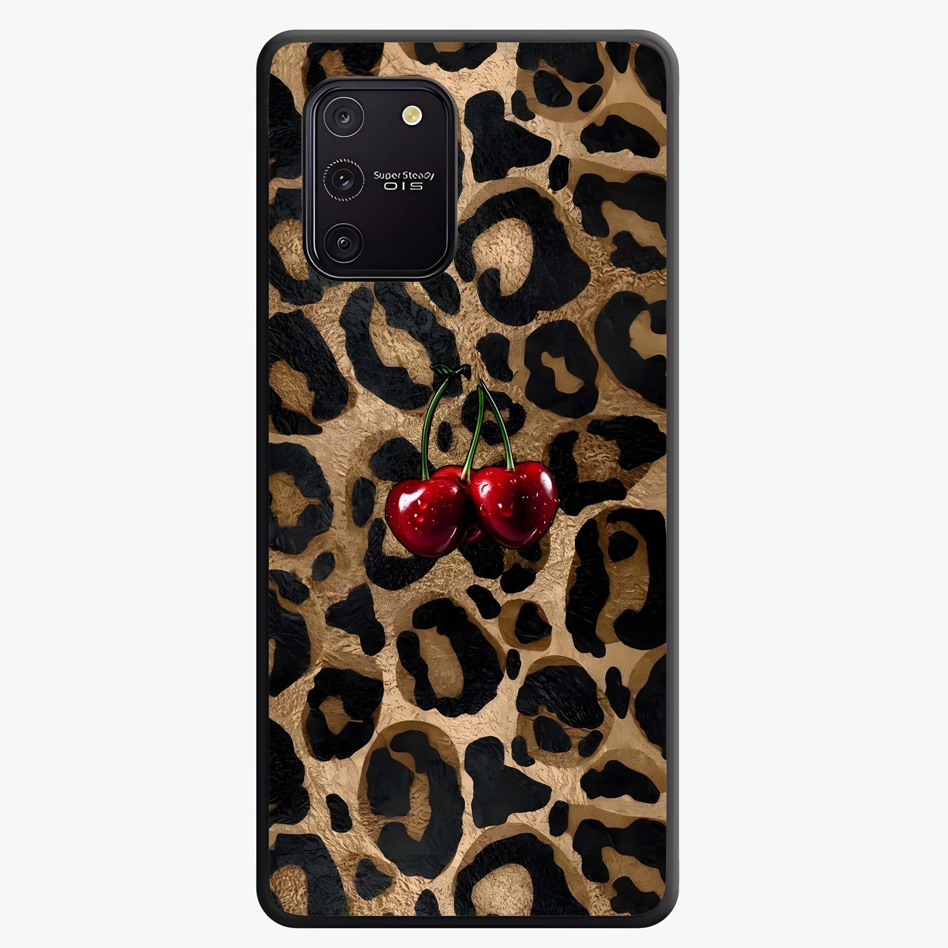 Leopard Wild Cherry Glass Case showing flat back view with leopard pattern and cherry artwork and glossy glass finish.
