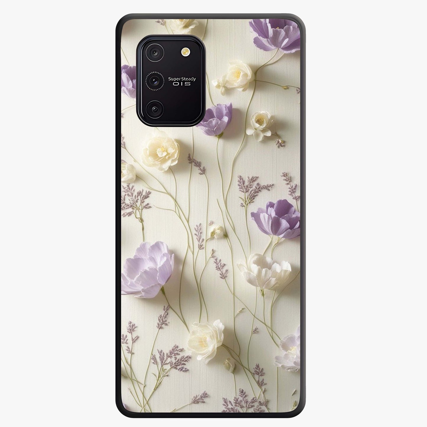 Lilac Breeze Harmony Glass Case showing flat back view with soft lilac themed artwork and glossy glass finish.