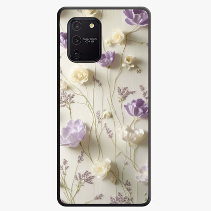 Lilac Breeze Harmony Glass Case showing flat back view with soft lilac themed artwork and glossy glass finish.