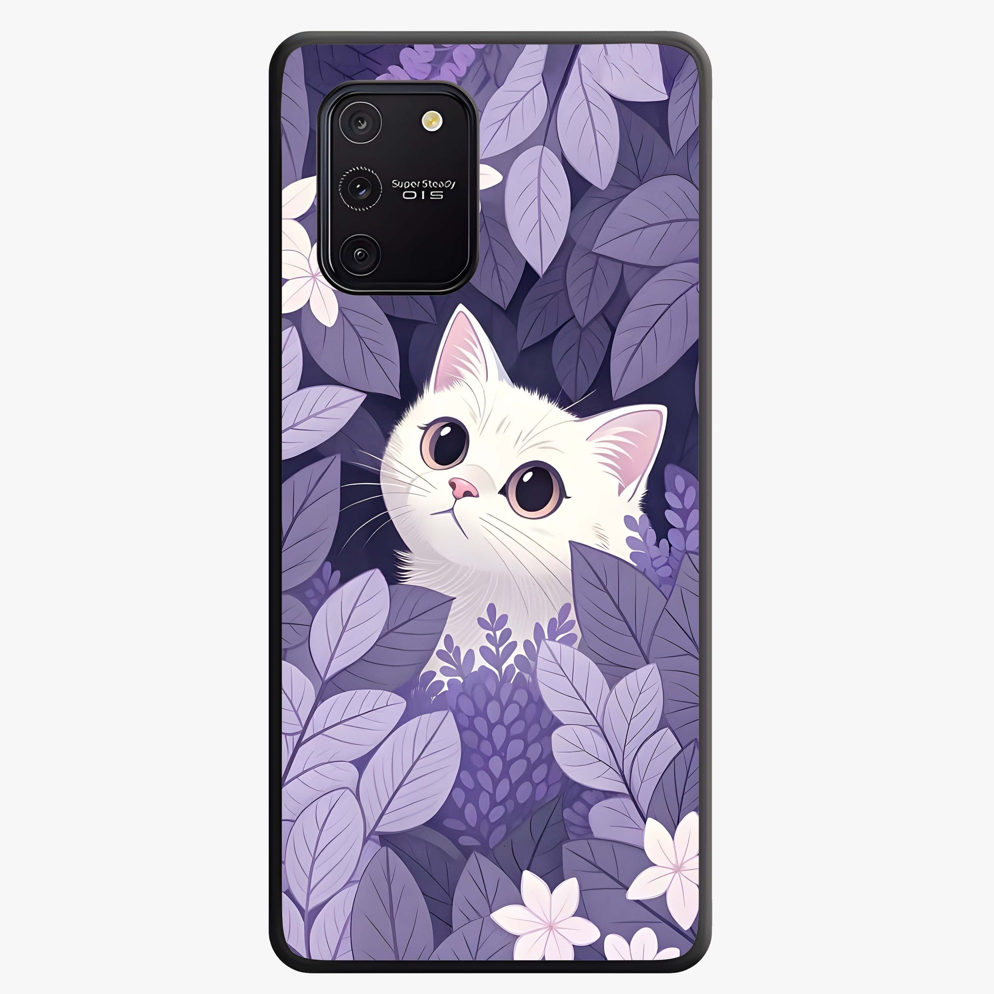 Lilac Hide Peek Cat Glass Case showing flat back view with cute peeking cat artwork and glossy glass finish.