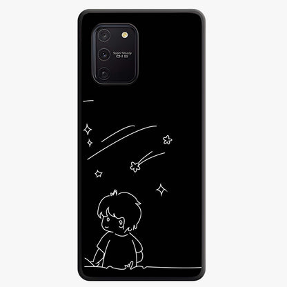 Line Art Boy With Shooting Stars Glass Case showing flat back view with minimal line art boy and shooting stars illustration and glossy glass finish.