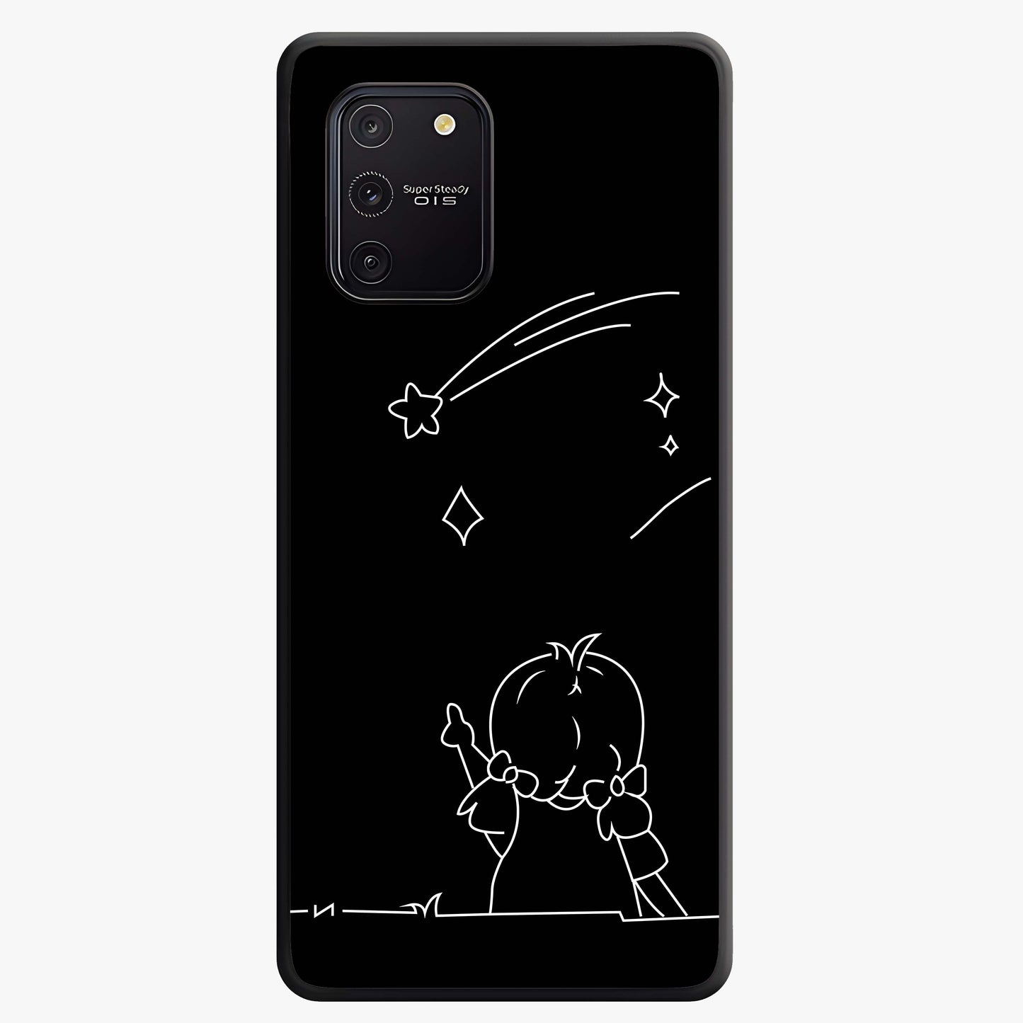Line Art Girl With Shooting Stars Glass Case showing flat back view with minimal line art girl and shooting stars illustration and glossy glass finish.