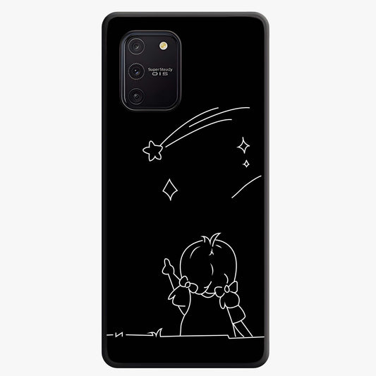 Line Art Girl With Shooting Stars Glass Case showing flat back view with minimal line art girl and shooting stars illustration and glossy glass finish.