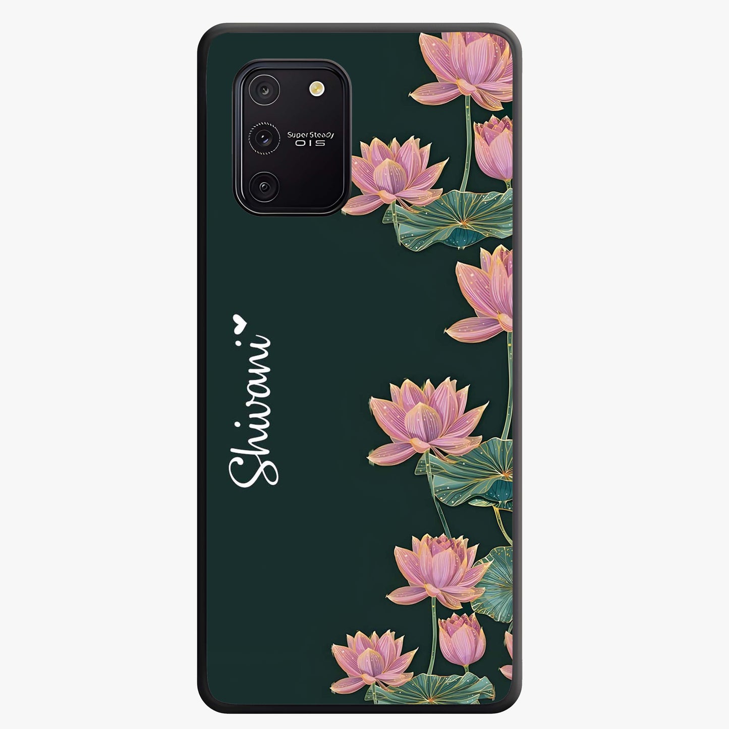 Lotus Bloom Serenity Custom Name Glass Case showing flat back view with elegant lotus flower artwork and personalized name design.