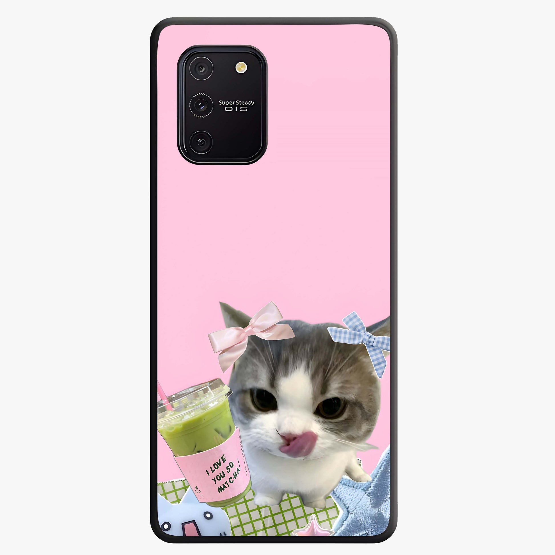 Love Matcha Cat Glass Case showing flat back view with cute cat and matcha themed artwork and glossy glass finish.