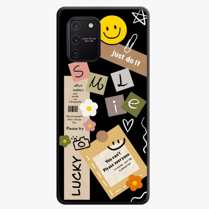 Lucky Aesthetic Collage Glass Case showing flat back view with trendy aesthetic collage artwork and glossy glass finish.