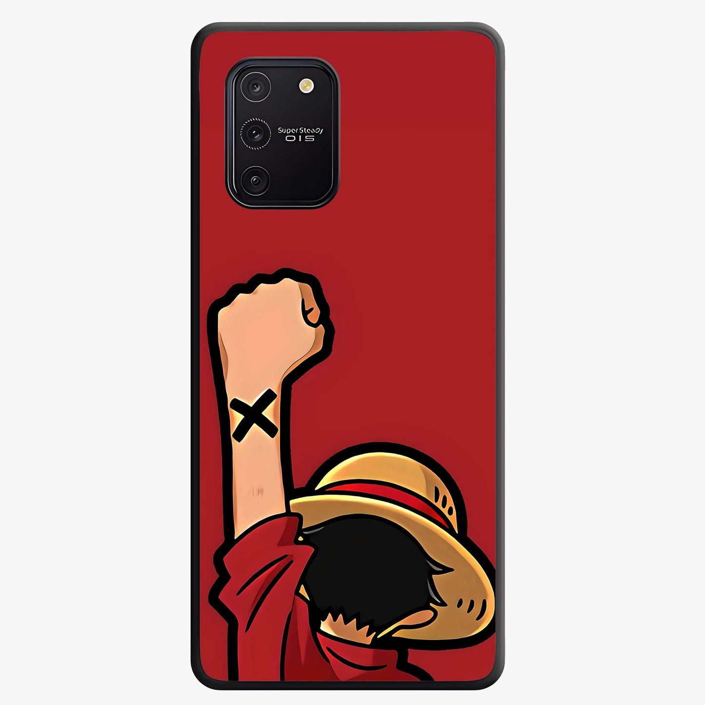 Luffy X Spirit Glass Case showing flat back view with bold anime character artwork and glossy glass finish.