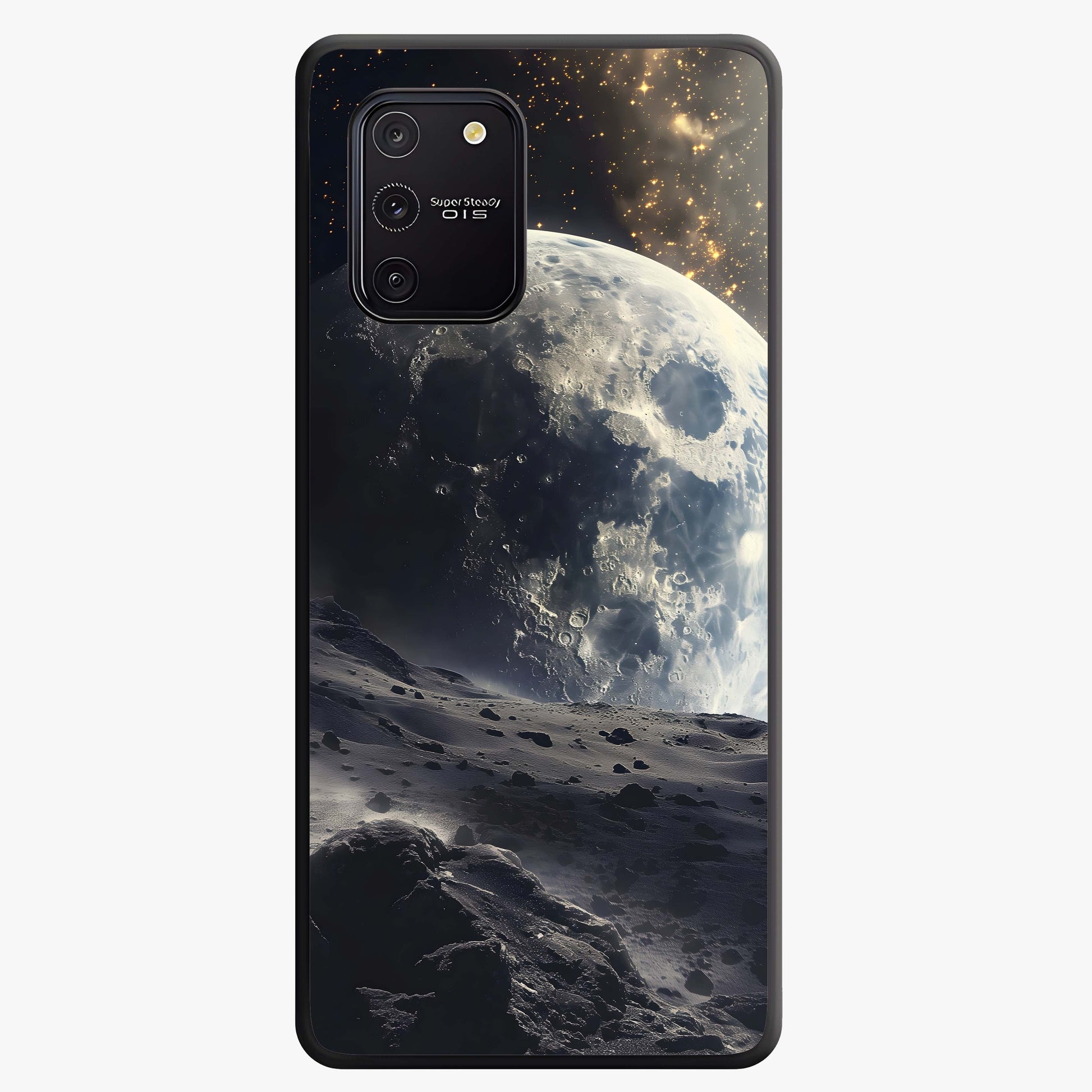 Lunar Horizon Glow Glass Case showing flat back view with glowing moon horizon artwork and glossy glass finish.