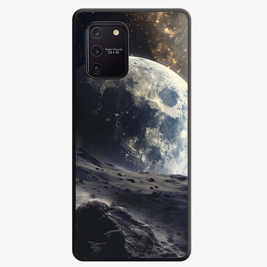 Lunar Horizon Glow Glass Case showing flat back view with glowing moon horizon artwork and glossy glass finish.