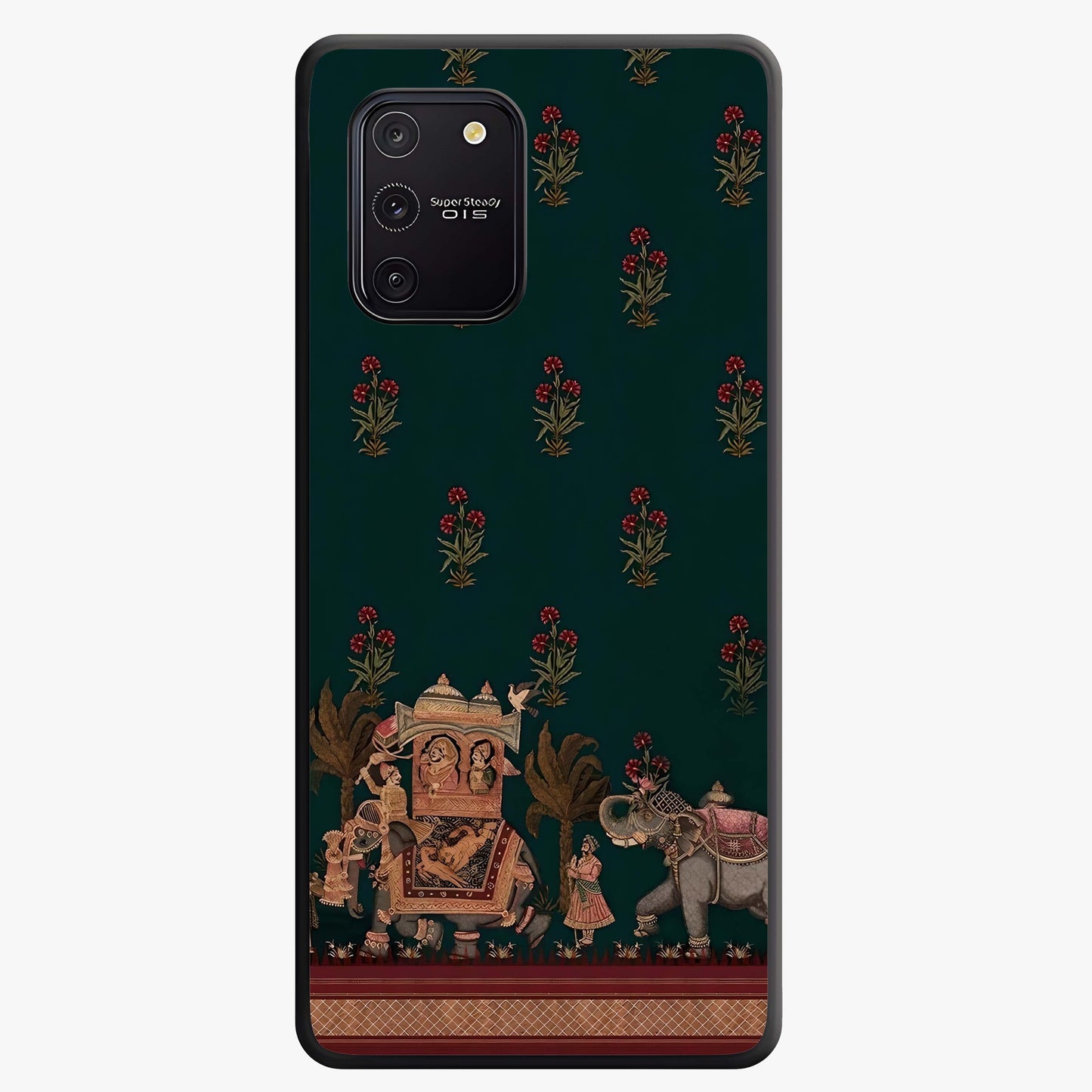 Macmerise Glass Case showing flat back view with stylish modern artwork and glossy glass finish.