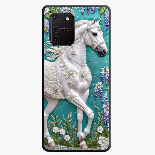 Majestic Floral Stallion Glass Case showing flat back view with powerful horse and floral artwork and glossy glass finish.