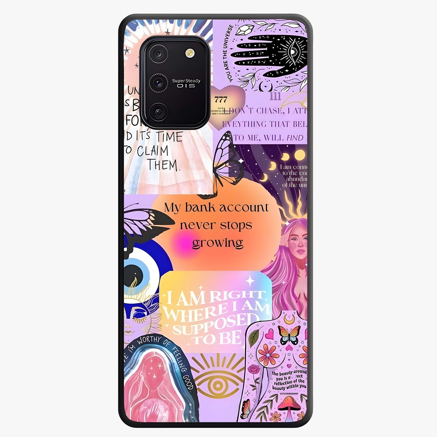 Manifestation Collage Glass Case showing flat back view with motivational collage artwork and glossy glass finish.