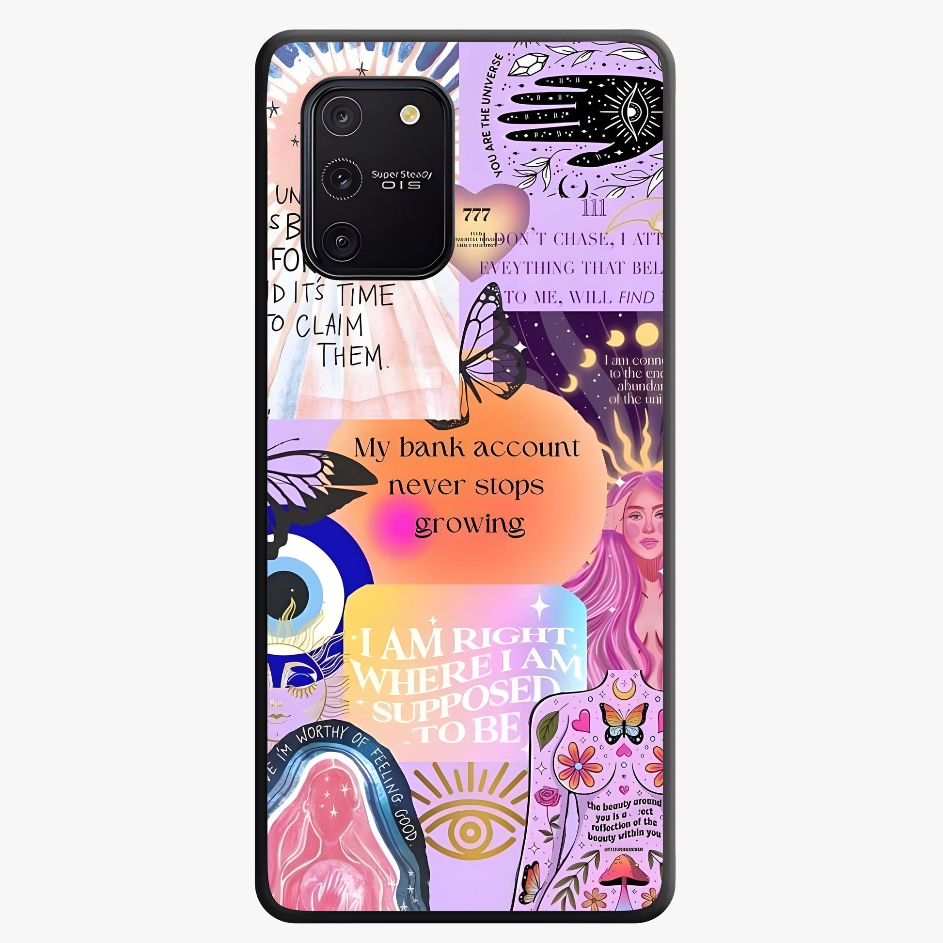 Manifestation Collage Glass Case showing flat back view with motivational collage artwork and glossy glass finish.