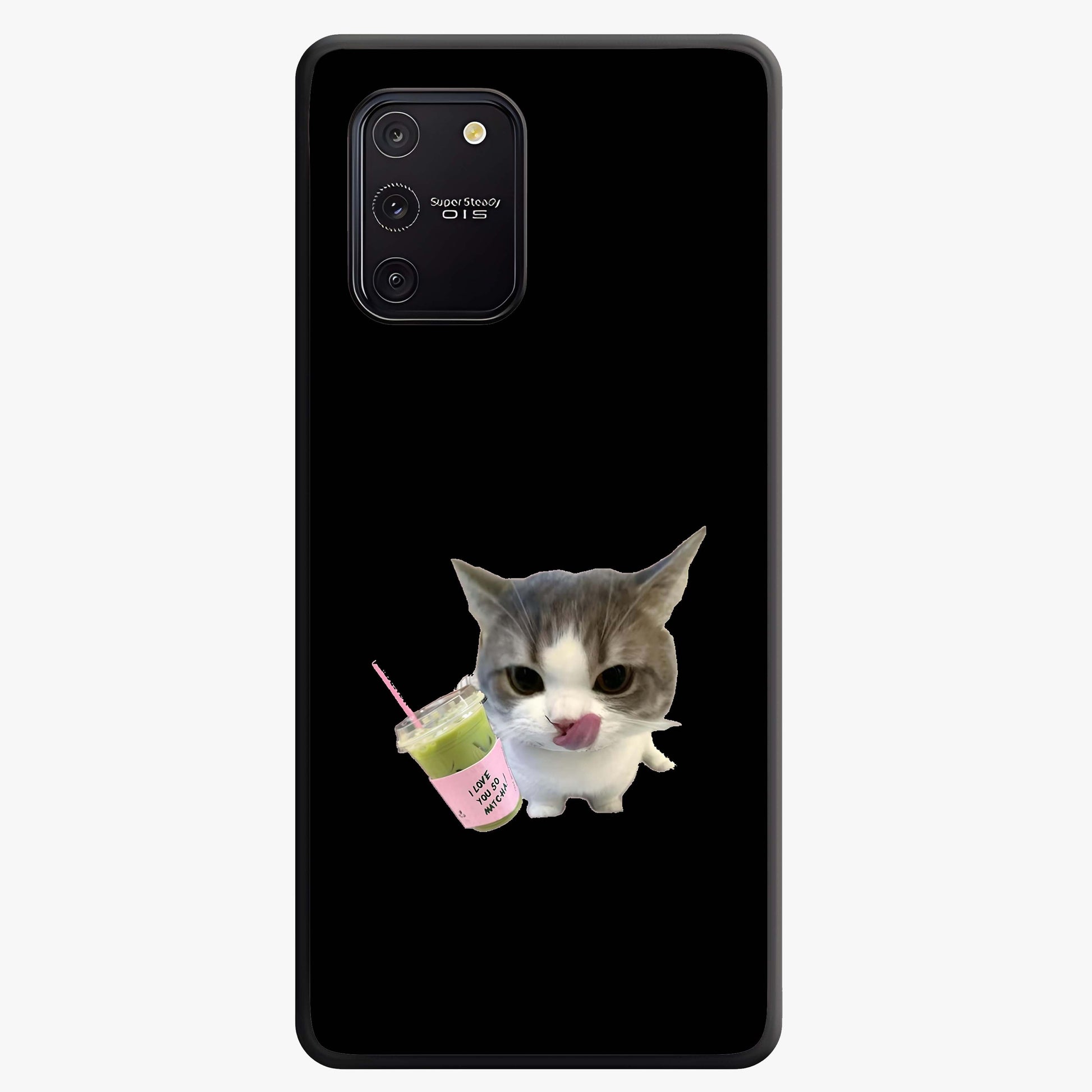 Matcha Cat Style Glass Case showing flat back view with cute matcha themed cat artwork and glossy glass finish.