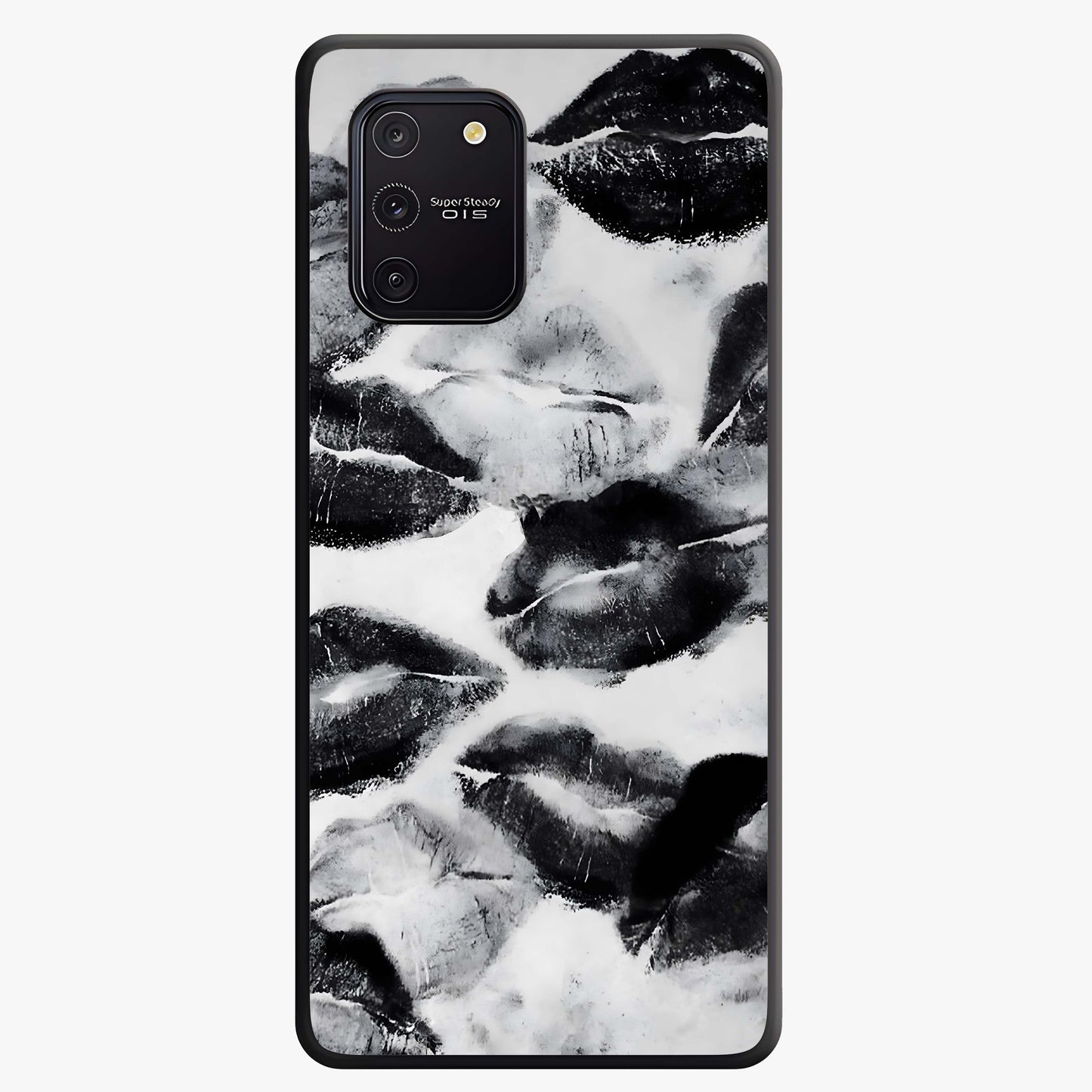 Midnight Kiss Marks Glass Case showing flat back view with lipstick kiss mark artwork and glossy glass finish.