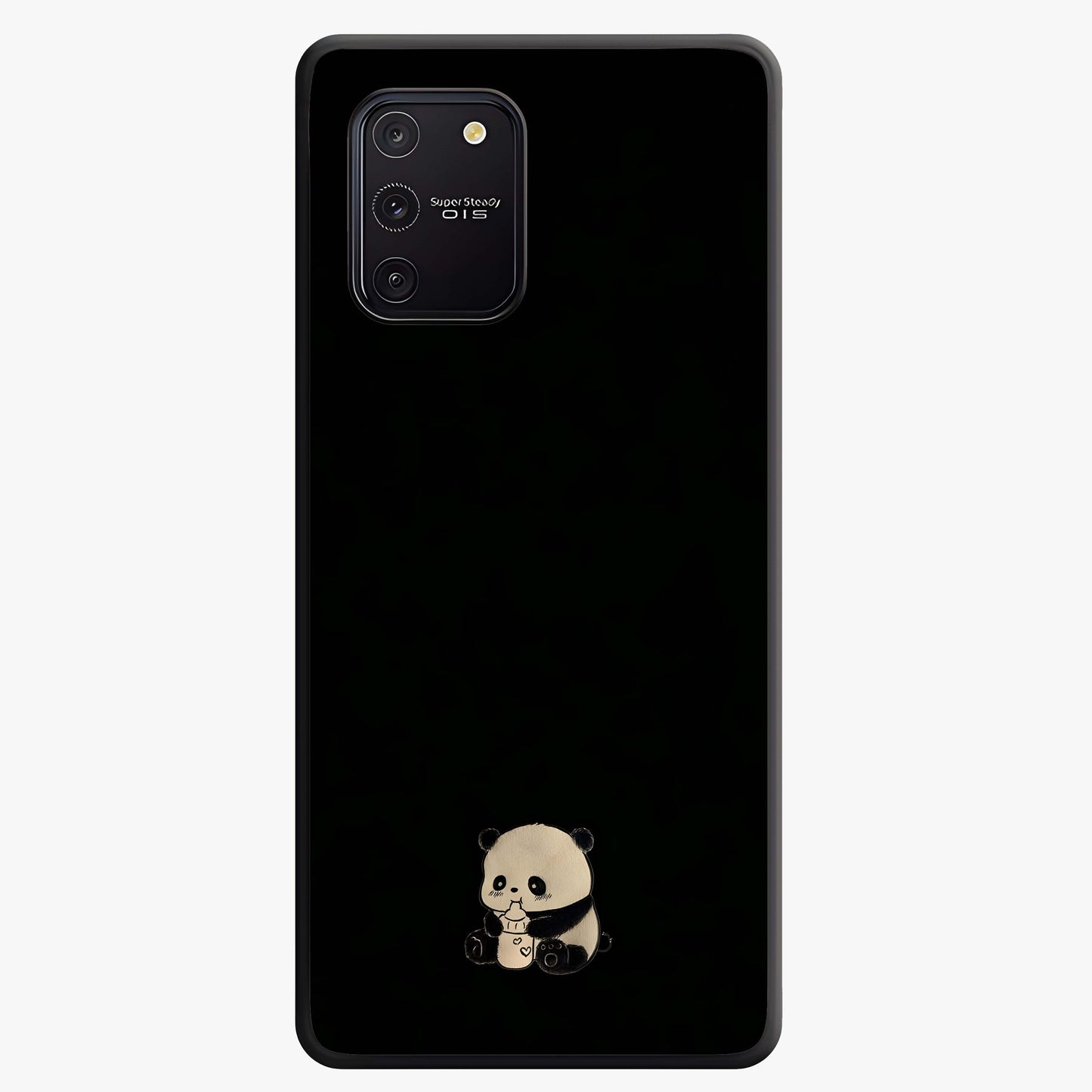 Midnight Panda Love Glass Case showing flat back view with cute panda themed artwork and glossy glass finish.