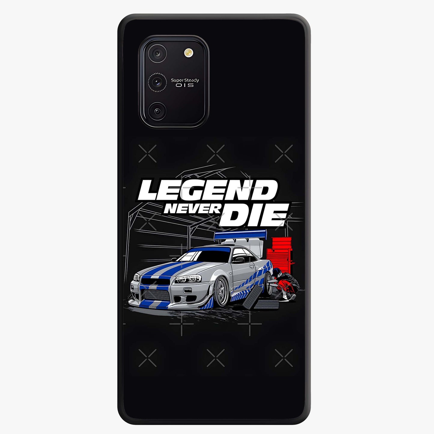 Midnight Racing Legacy Glass Case showing flat back view with sleek racing inspired artwork and glossy glass finish.