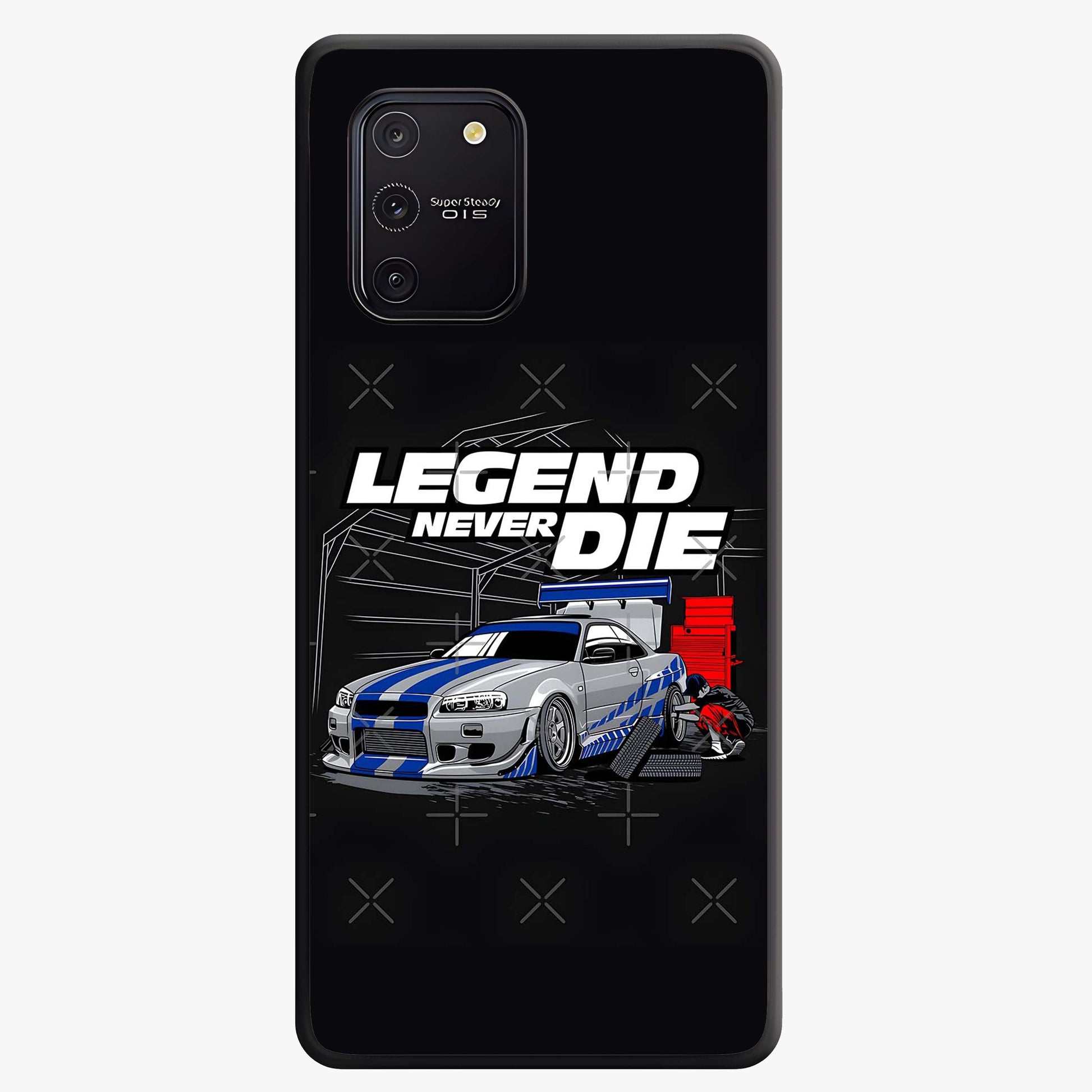 Midnight Racing Legacy Glass Case showing flat back view with sleek racing inspired artwork and glossy glass finish.