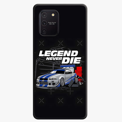 Midnight Racing Legacy Glass Case showing flat back view with sleek racing inspired artwork and glossy glass finish.