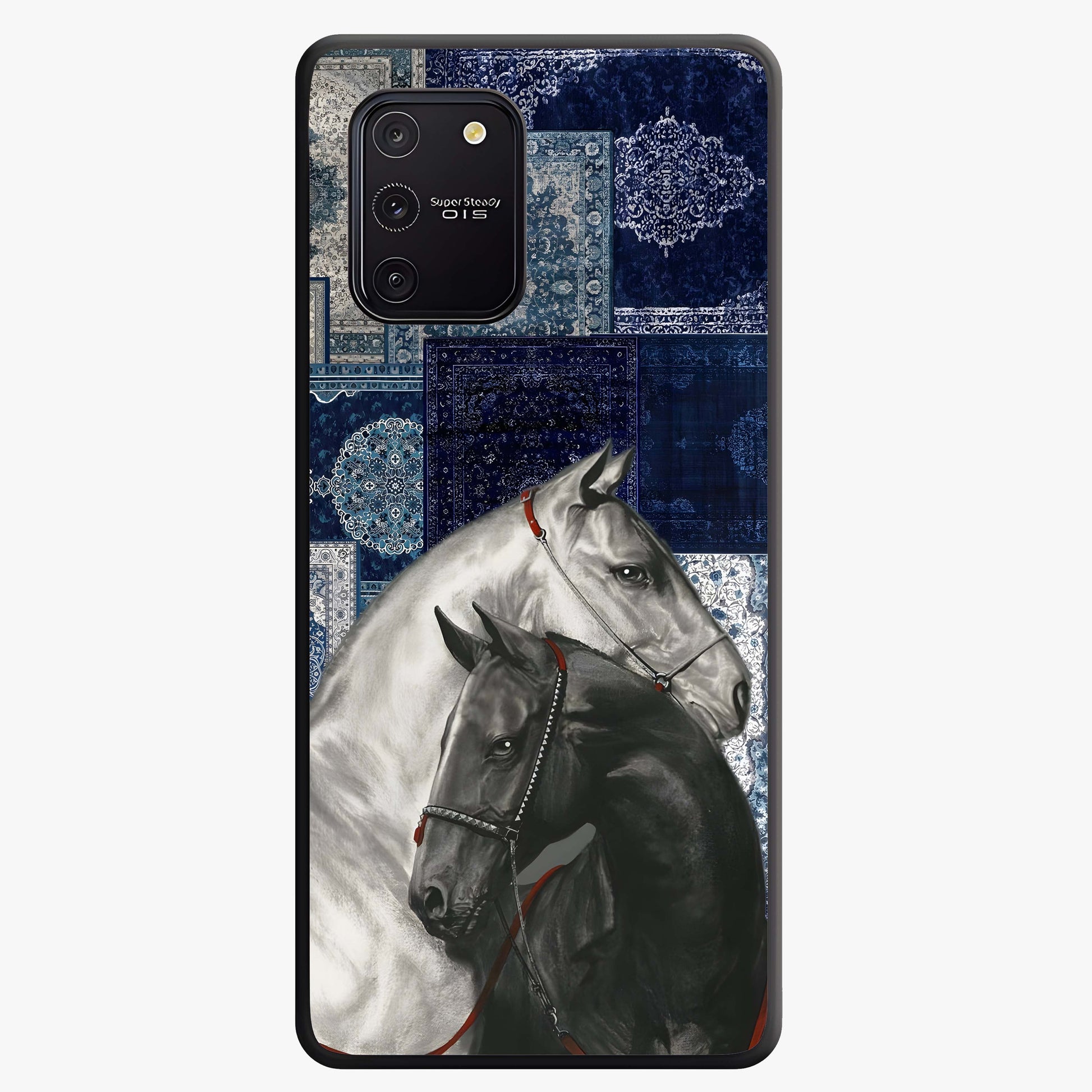 Midnight Stallion Blues Glass Case showing flat back view with majestic horse artwork and glossy glass finish.