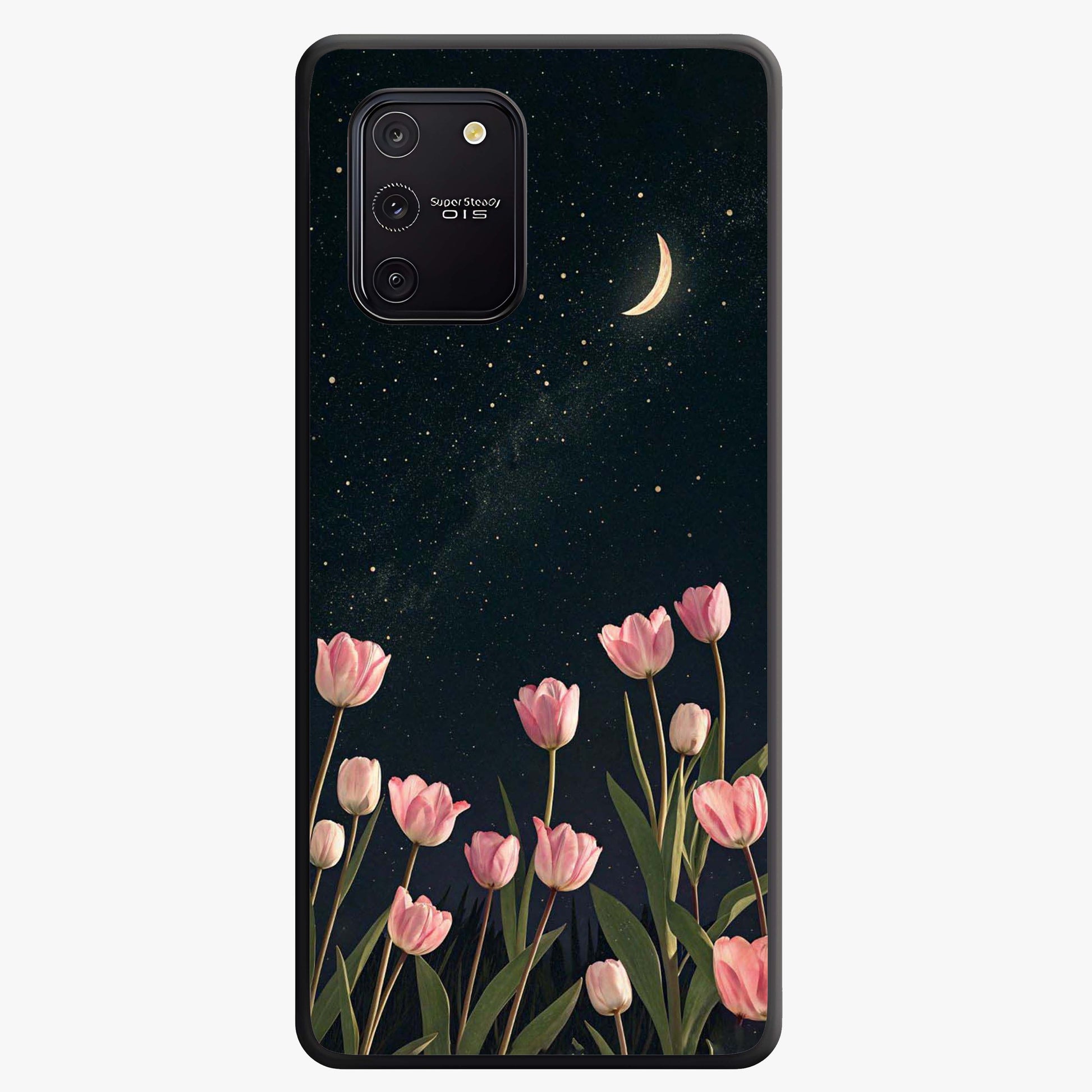 Midnight Tulip Whispers Vibe Glass Case showing flat back view with elegant tulip flower artwork and glossy glass finish.
