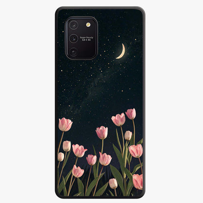Midnight Tulip Whispers Vibe Glass Case showing flat back view with elegant tulip flower artwork and glossy glass finish.